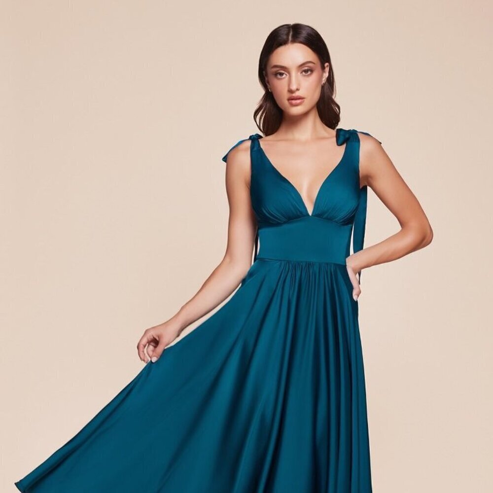 NEW FORMAL SLEEVELESS SATIN MIDI GOWN W/ TIE STRAPS & GATHERED WAISTLINE CD 7499